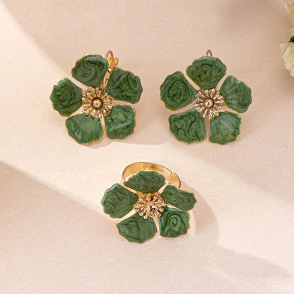 Elegant Green Floral Jewelry Set - Statement Earrings and Ring