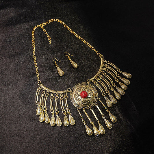 Boho Ethnic Statement Necklace & Dangle Earrings Set - Antique Gold