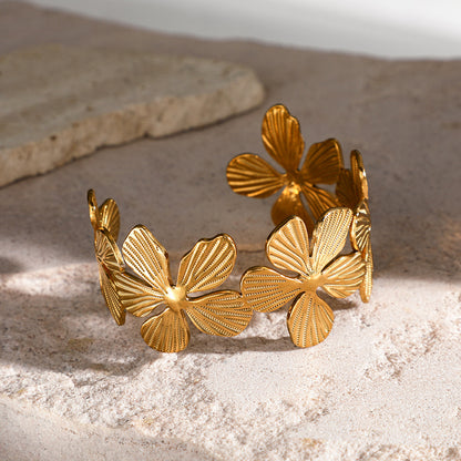 Stainless Steel Floral Cuff | Anti-Tarnish Gold Flower Bracelet