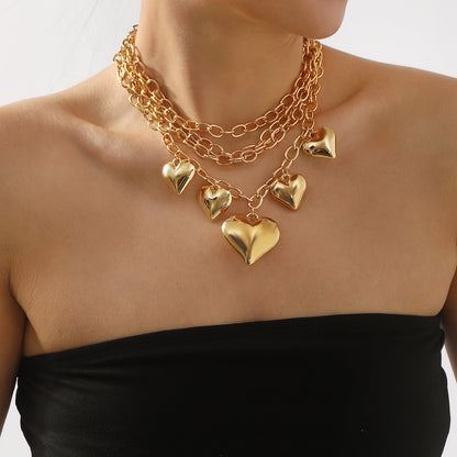 Layered Gold Heart Charm Necklace | Chunky Multi-Strand Statement Jewelry