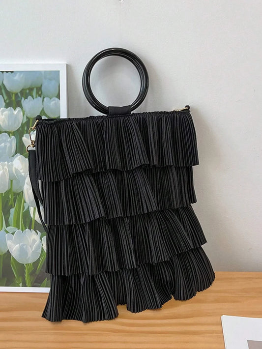 Black frills 4 layer handbag with handle and sling