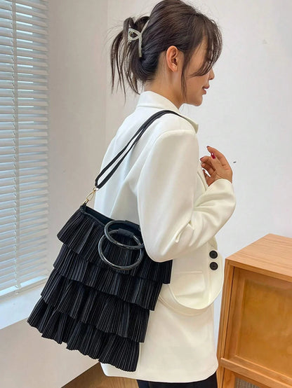 Black frills 4 layer handbag with handle and sling