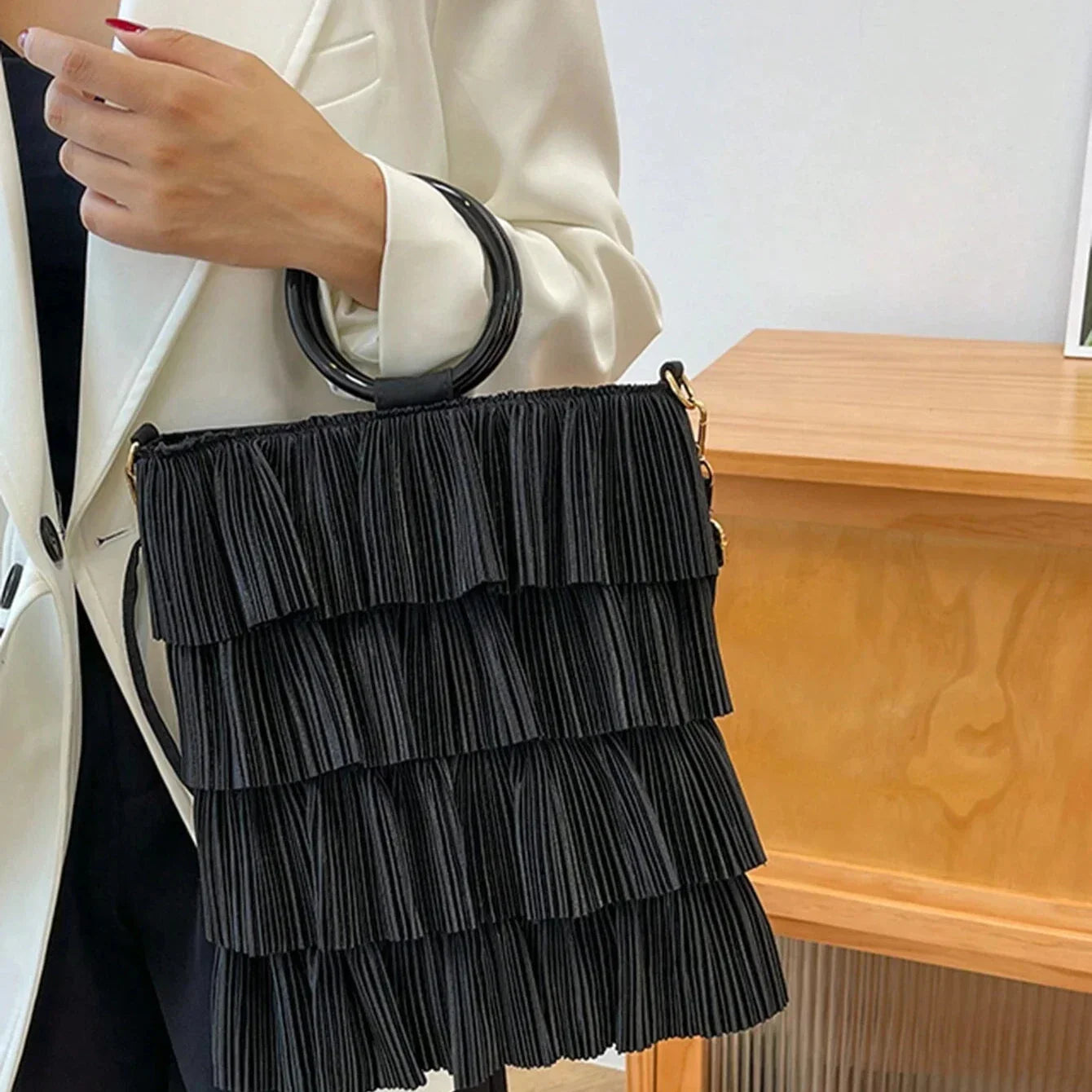 Black frills 4 layer handbag with handle and sling