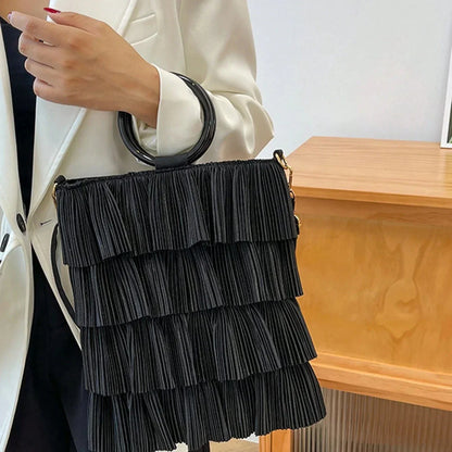 Black frills 4 layer handbag with handle and sling
