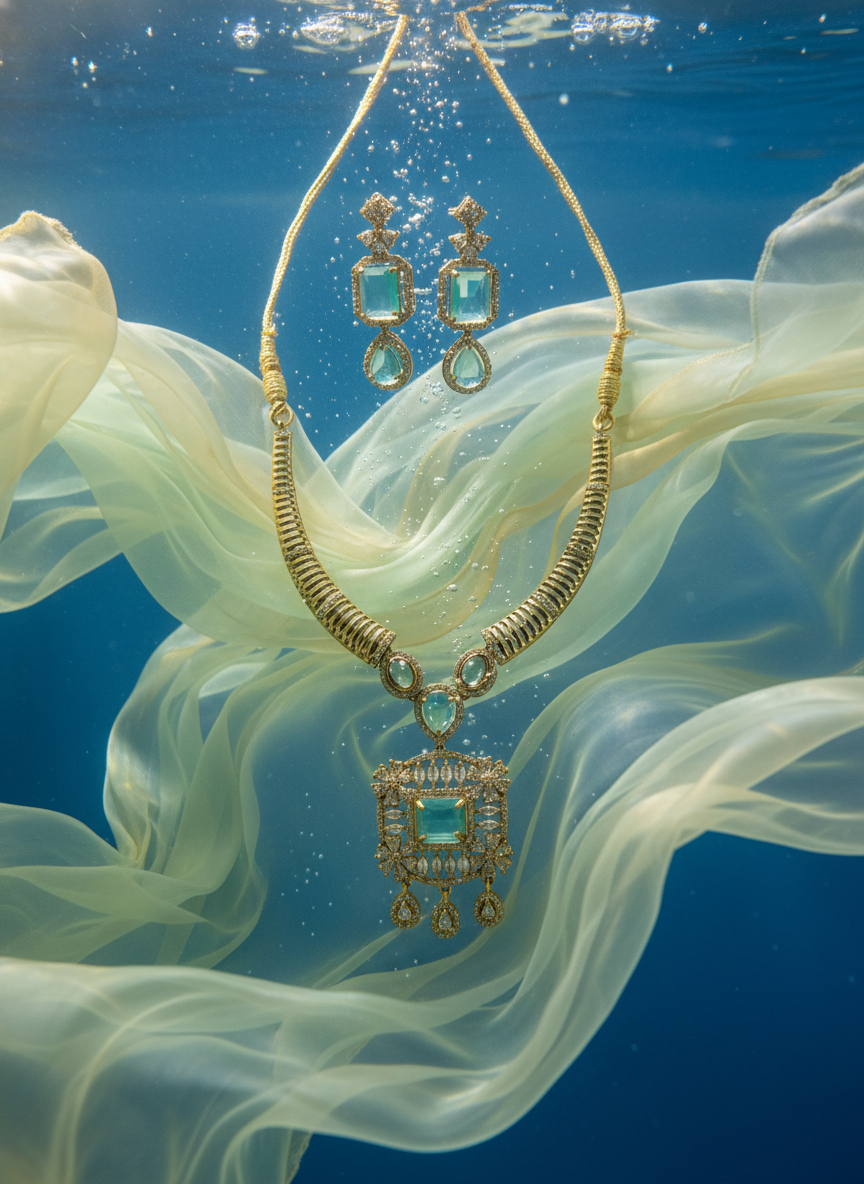 Elegant Mint Green/Aquamarine CZ Link Necklace & Earring Set | Gold-Tone Modern Festive Jewelry