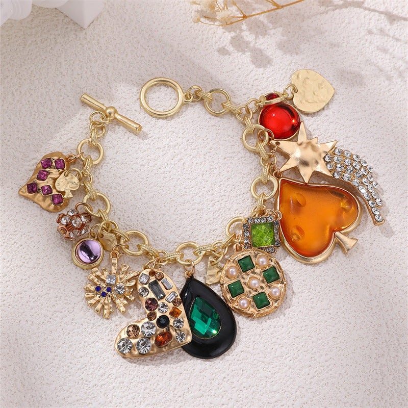 Chunky Gold Charm Bracelet with Emerald, Pavé Crystal & Pearl Charms