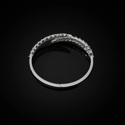 Luxury Silver-Toned Crystal Leaf Bracelet – Adjustable Party Wear Bangle for Women