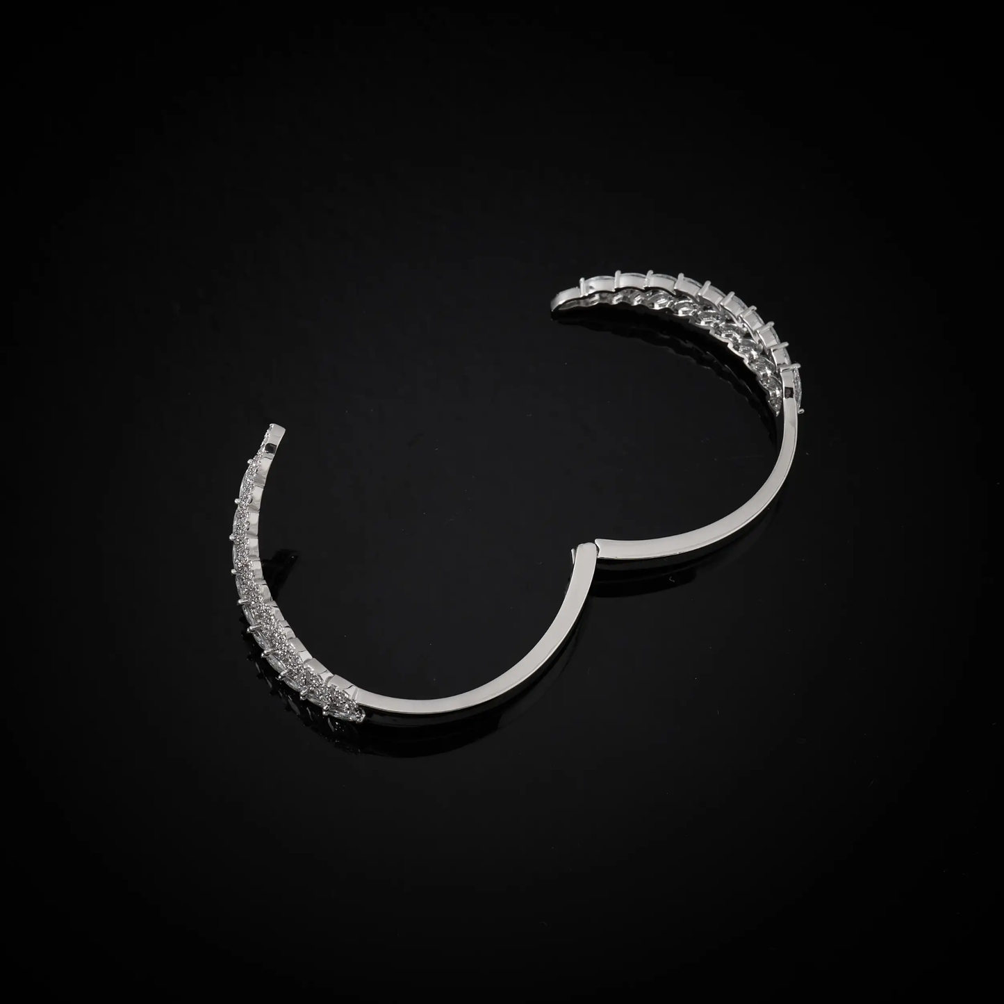 Luxury Silver-Toned Crystal Leaf Bracelet – Adjustable Party Wear Bangle for Women