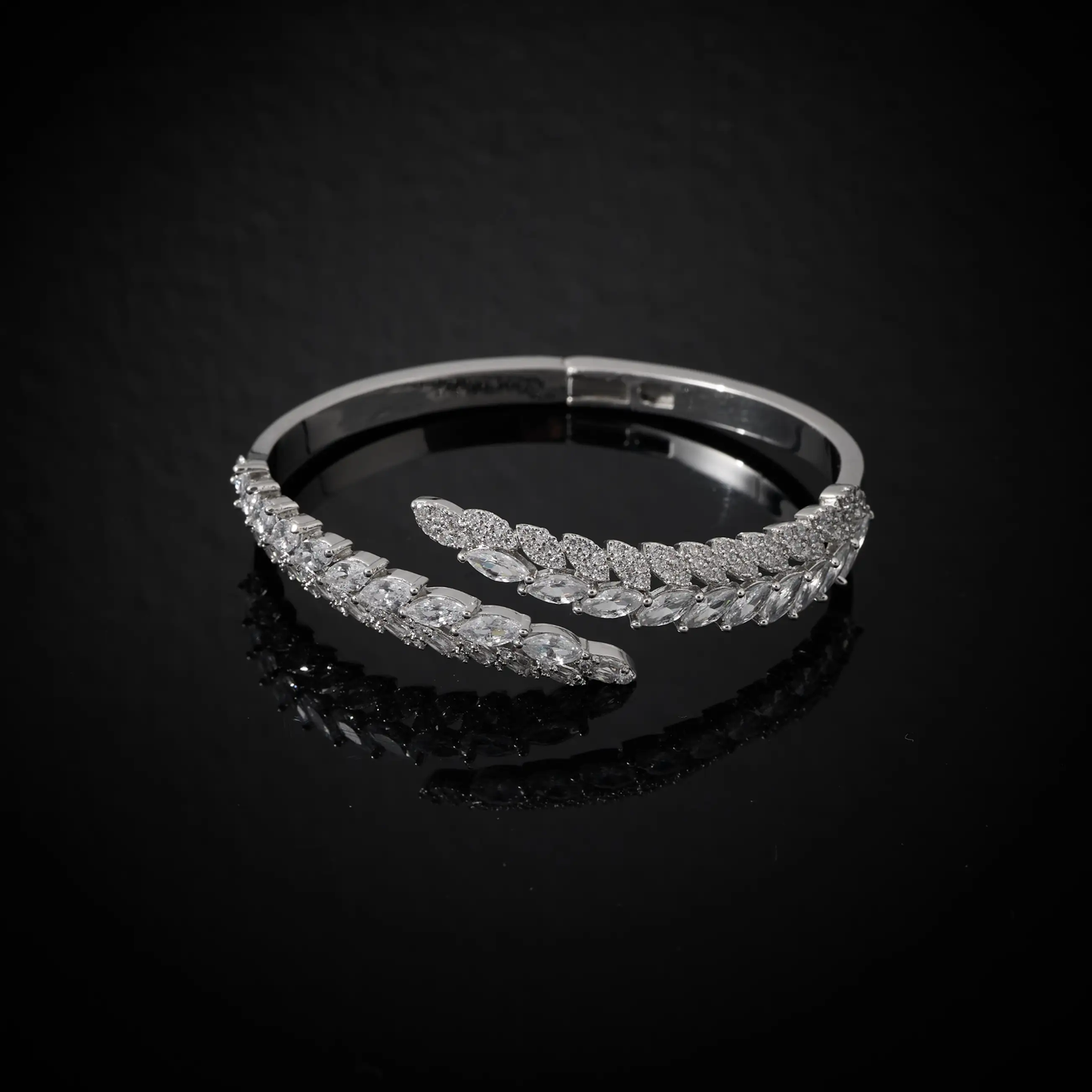 Luxury Silver-Toned Crystal Leaf Bracelet – Adjustable Party Wear Bangle for Women