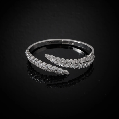 Luxury Silver-Toned Crystal Leaf Bracelet – Adjustable Party Wear Bangle for Women