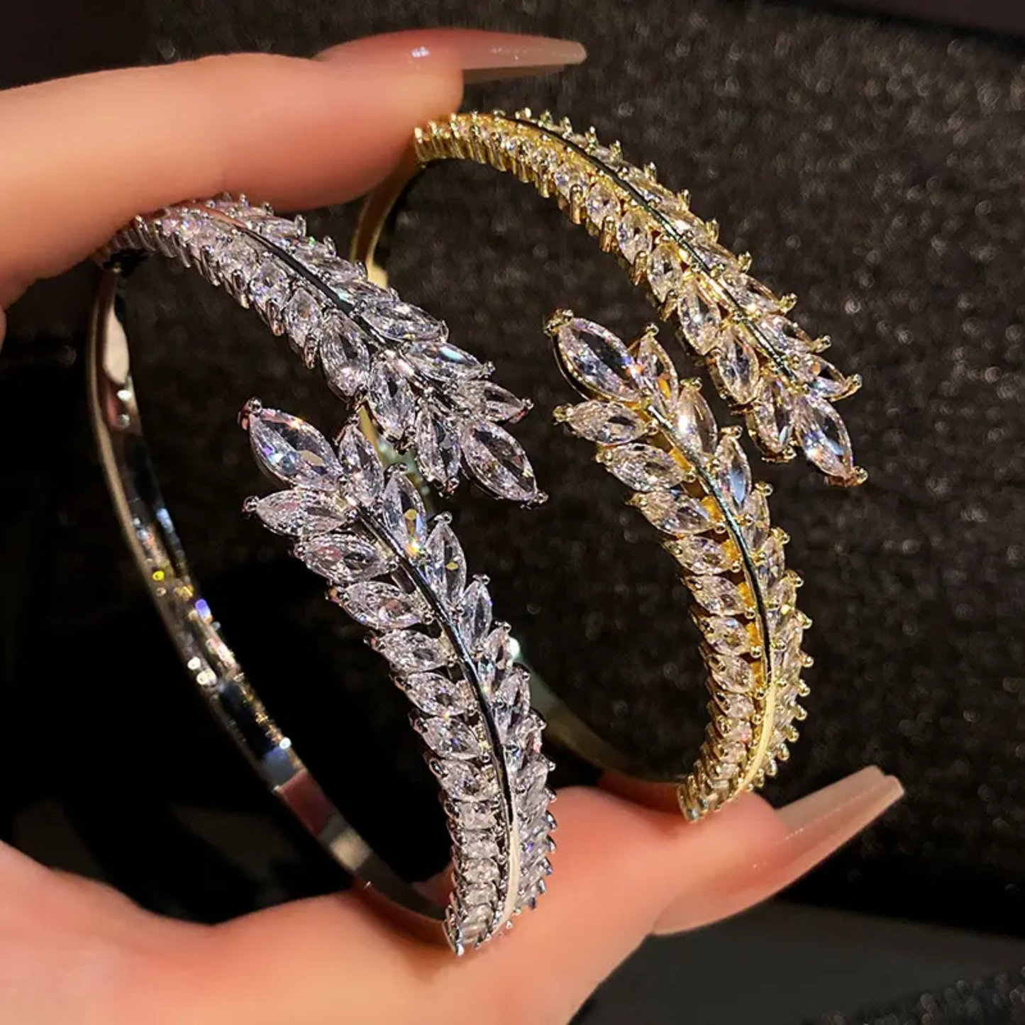 Luxury Silver-Toned Crystal Leaf Bracelet – Adjustable Party Wear Bangle for Women