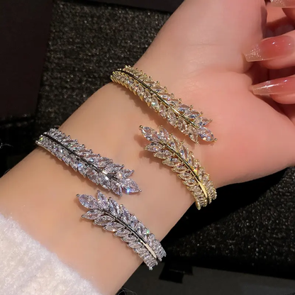 Luxury Silver-Toned Crystal Leaf Bracelet – Adjustable Party Wear Bangle for Women