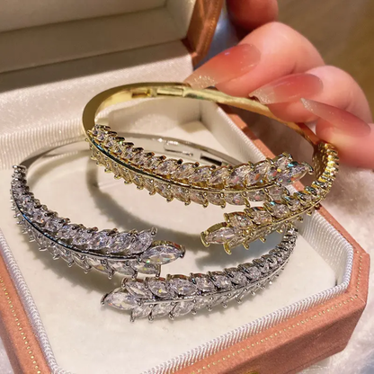 Luxury Silver-Toned Crystal Leaf Bracelet – Adjustable Party Wear Bangle for Women