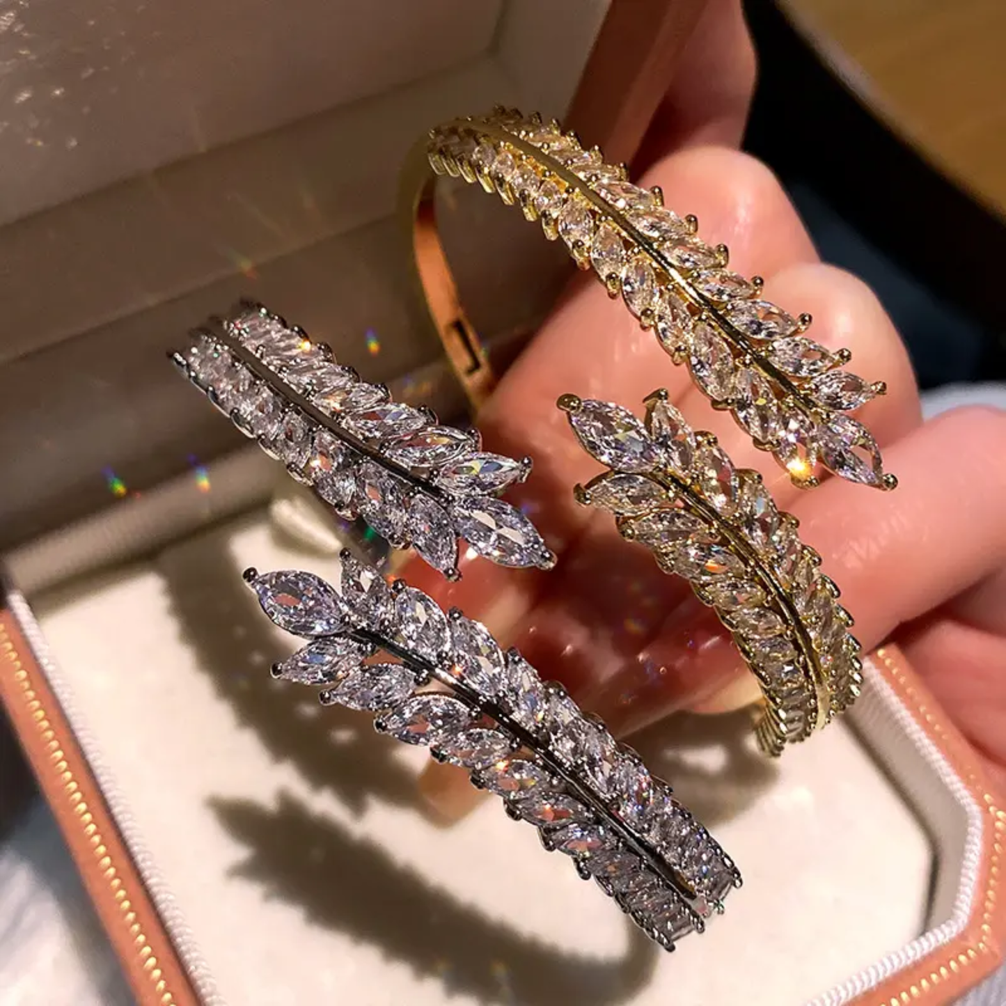 Luxury Silver-Toned Crystal Leaf Bracelet – Adjustable Party Wear Bangle for Women