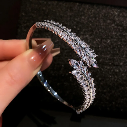 Luxury Silver-Toned Crystal Leaf Bracelet – Adjustable Party Wear Bangle for Women