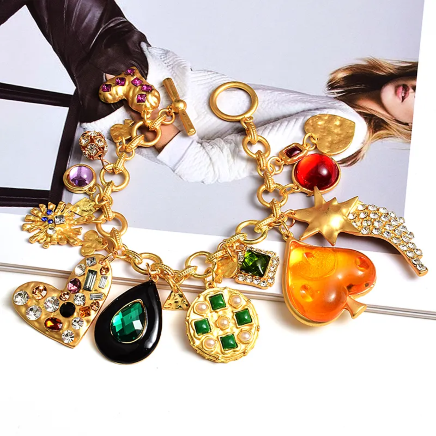Chunky Gold Charm Bracelet with Emerald, Pavé Crystal & Pearl Charms