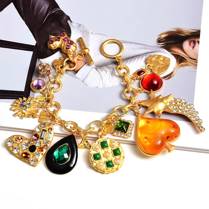 Chunky Gold Charm Bracelet with Emerald, Pavé Crystal & Pearl Charms