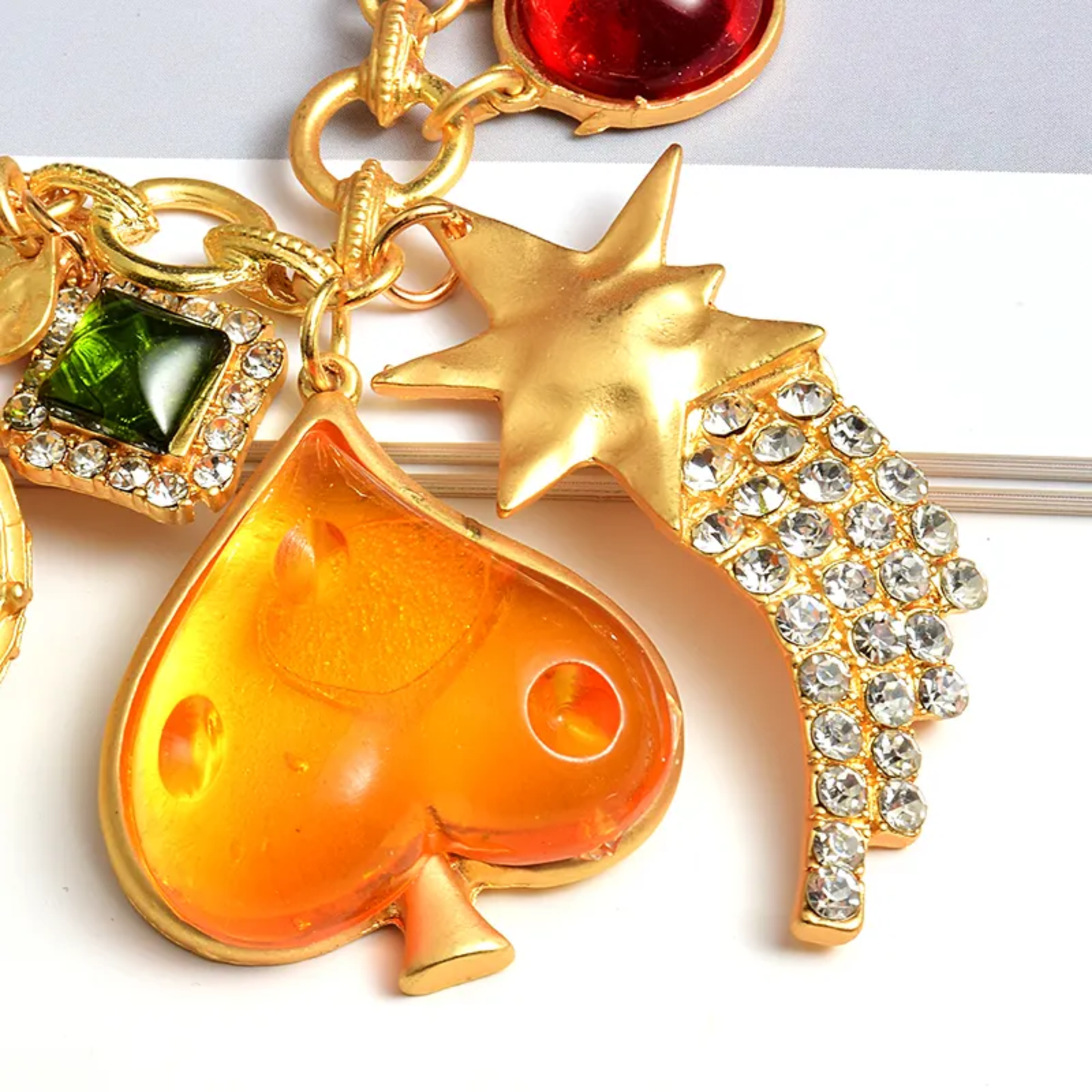 Chunky Gold Charm Bracelet with Emerald, Pavé Crystal & Pearl Charms