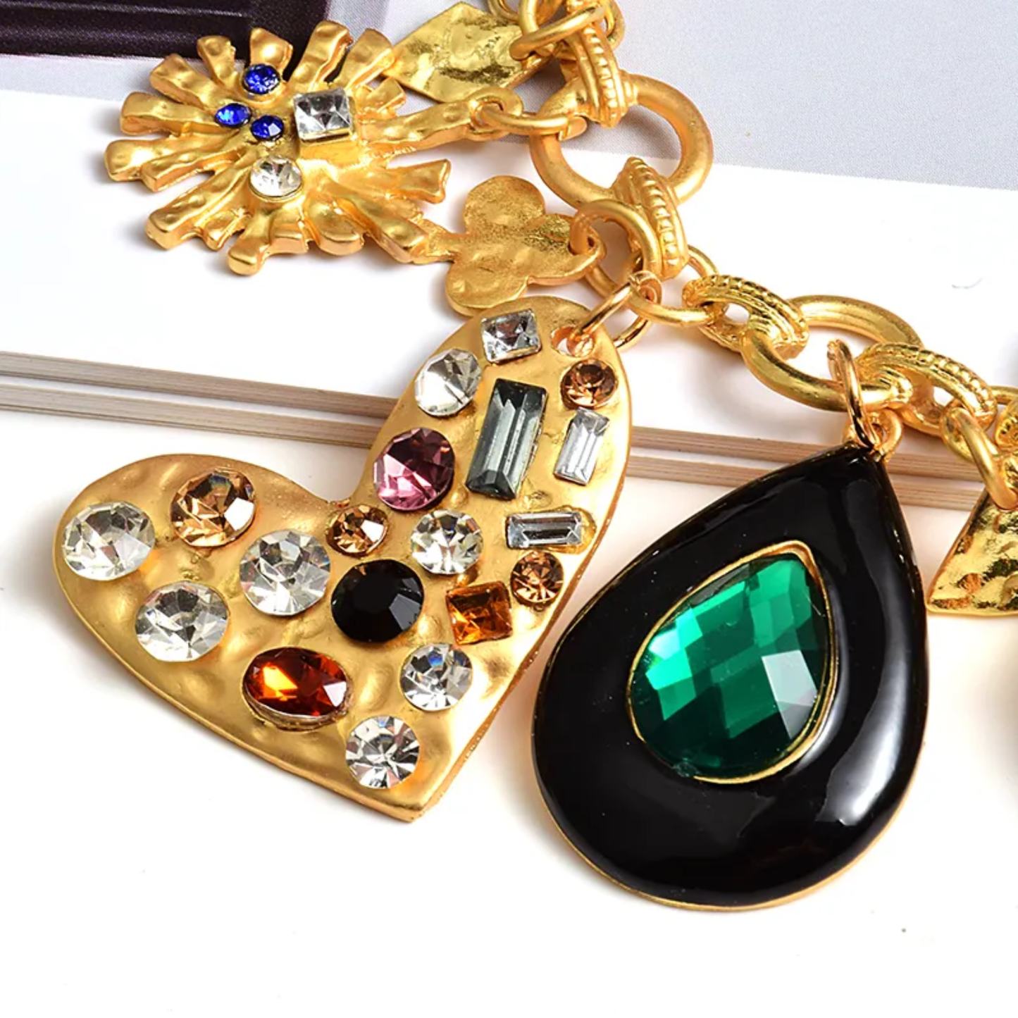 Chunky Gold Charm Bracelet with Emerald, Pavé Crystal & Pearl Charms