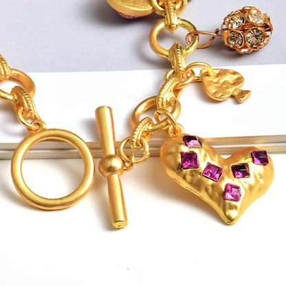 Chunky Gold Charm Bracelet with Emerald, Pavé Crystal & Pearl Charms