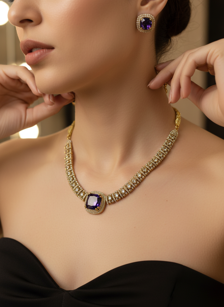 Traditional Ruby & Emerald CZ Link Necklace Set | Gold-Tone Festive Statement Jewelry with Matching Stud Earrings