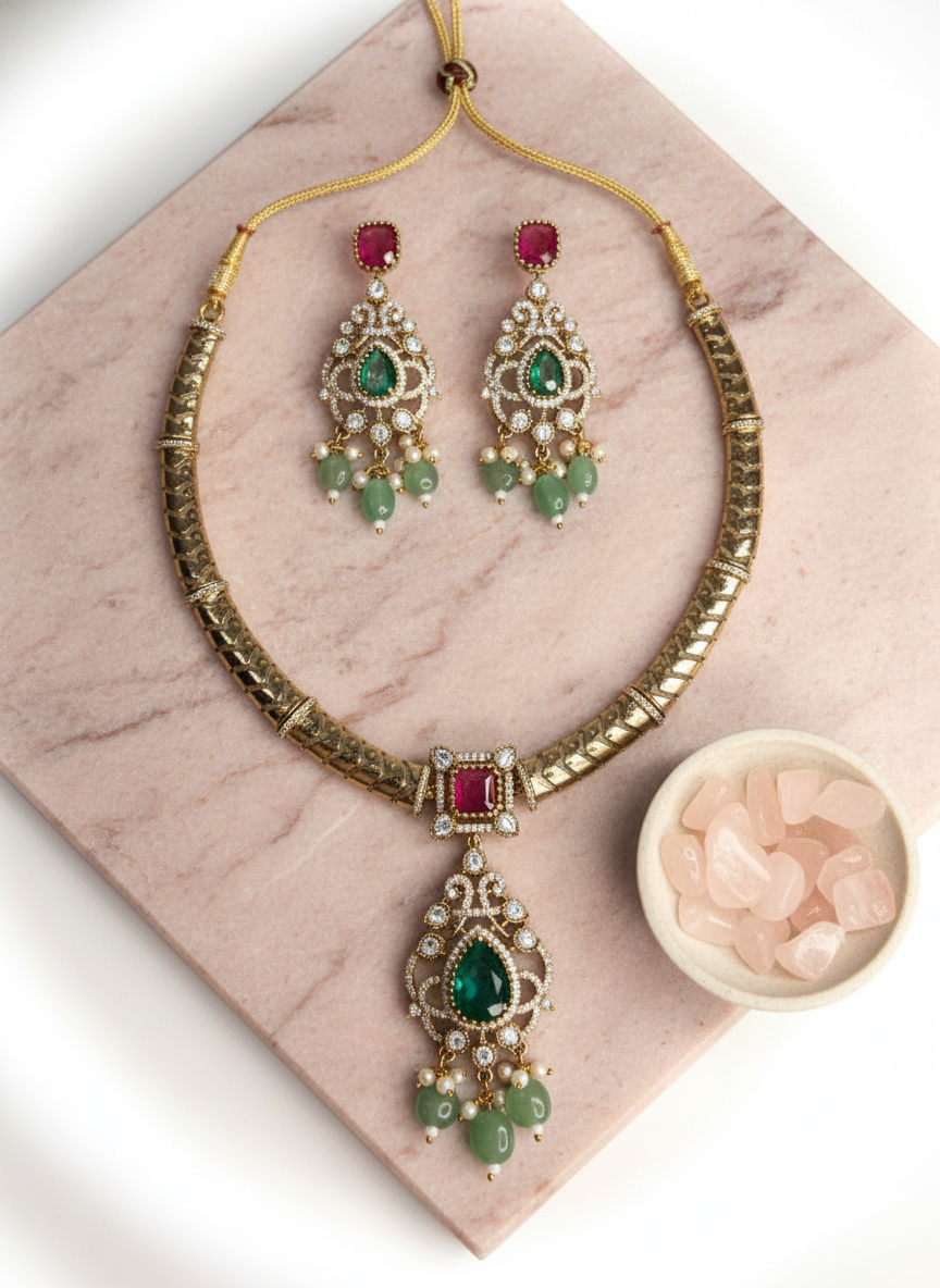 Traditional Ruby & Emerald Statement Pendant Necklace Set | Green Pearl Drop Earrings | Luxurious Festive Jewelry