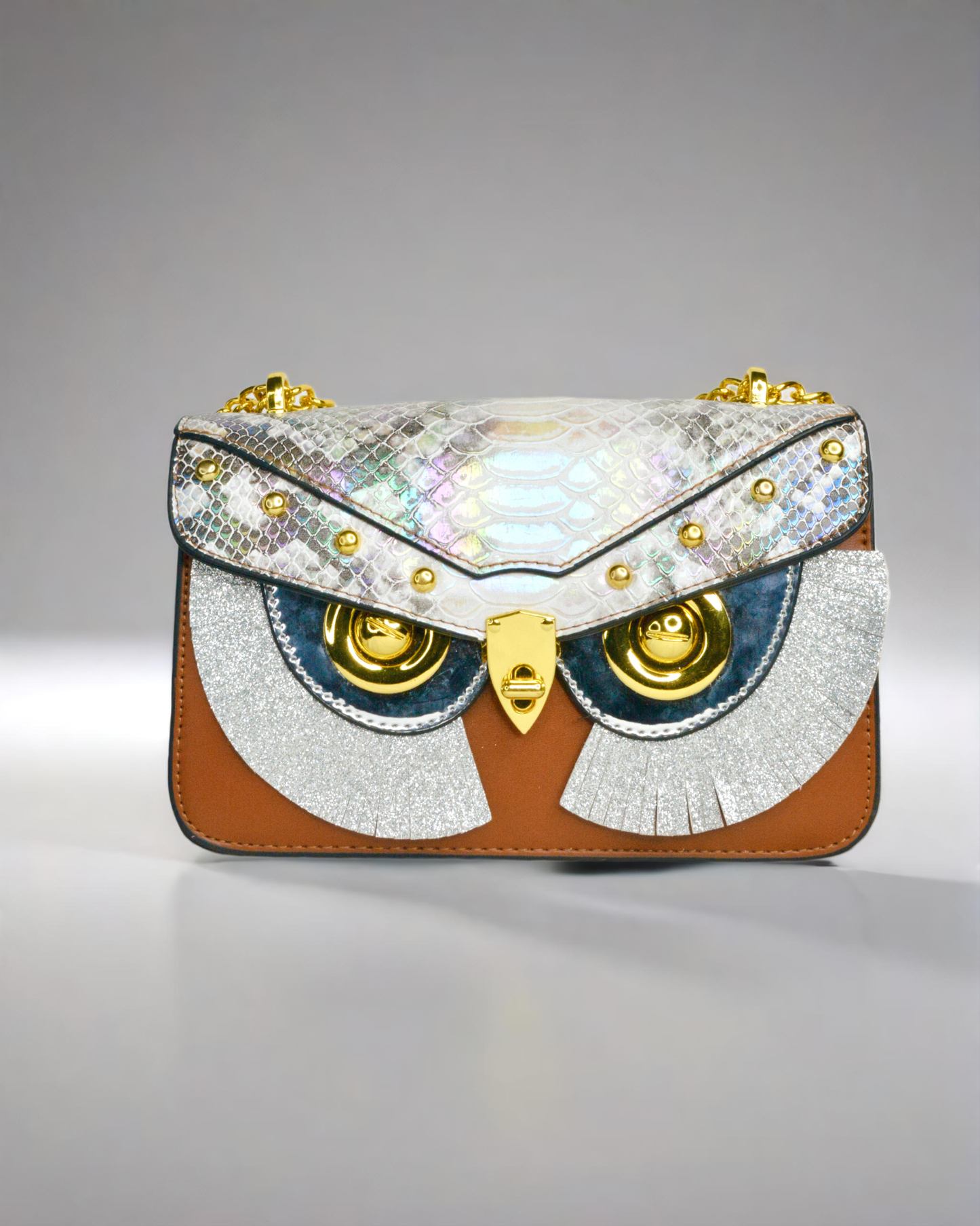Designer sling sequenced brown owl face handbag