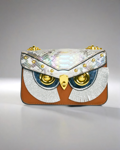Designer sling sequenced brown owl face handbag