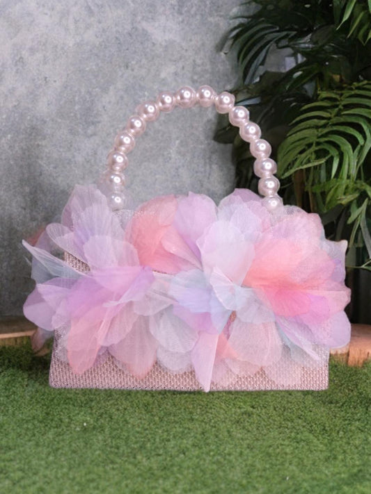Pearl handle flower top sequenced handbag