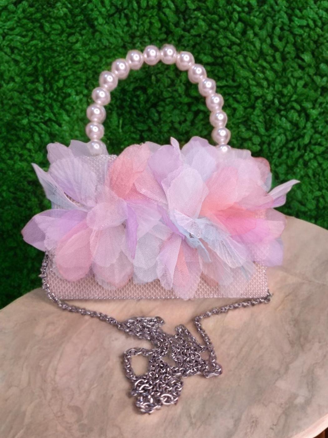 Pearl handle flower top sequenced handbag