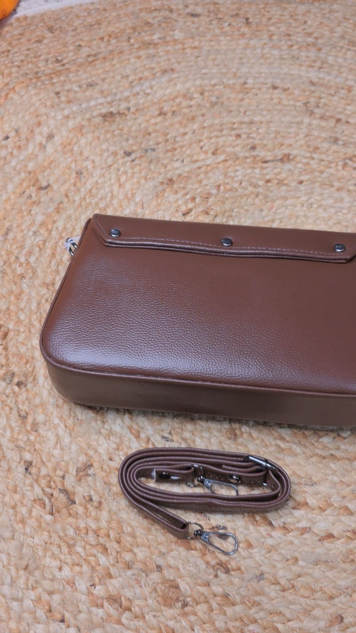 Minimalist Brown Faux Leather Sling Bag for Women – Adjustable Strap & Square Buckle Closure