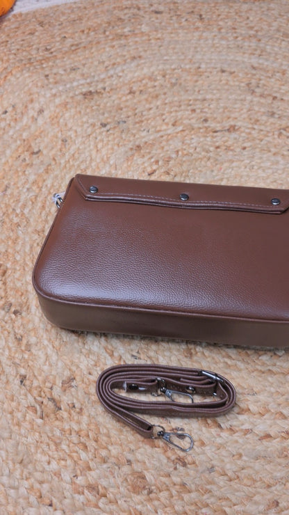 Minimalist Brown Faux Leather Sling Bag for Women – Adjustable Strap & Square Buckle Closure