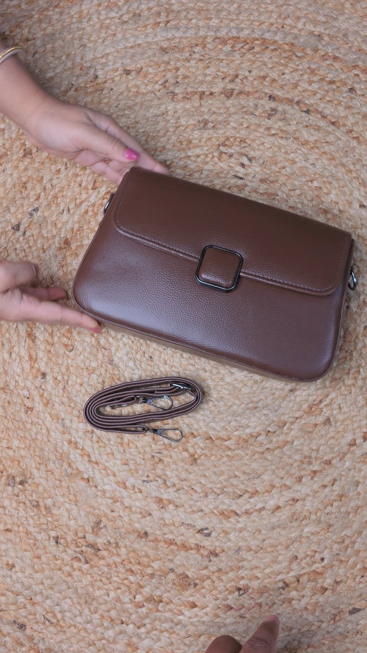 Minimalist Brown Faux Leather Sling Bag for Women – Adjustable Strap & Square Buckle Closure