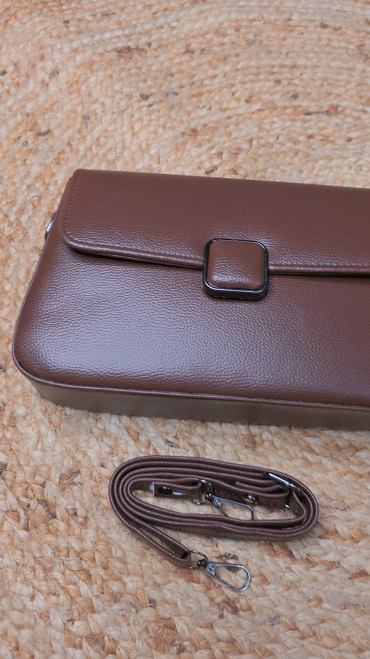 Minimalist Brown Faux Leather Sling Bag for Women – Adjustable Strap & Square Buckle Closure