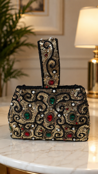 Luxury Black Handcrafted Sequin Clutch Bag with Red & Green Stone Embellishments | Designer Party & Wedding Evening Bag | BGMATES
