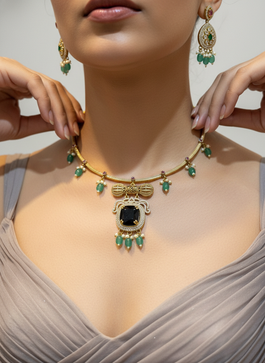 Dramatic Black Center Stone Pendant Necklace Set | Gold-Tone Green Beaded Drops & Matching Earrings | Festive Kundan Style