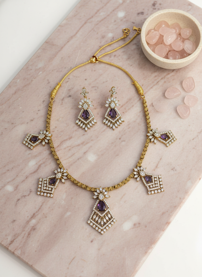 Luxurious Gold-Plated Necklace Set with Purple Amethyst & Sparkling CZ | Floral Geometric Design