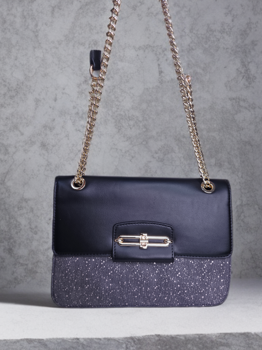 Elegant Black Structured Chain Sling Bag for Women – Dual Texture with Gold Turn Lock