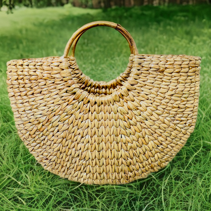 Seagrass U-tote bag-01 | All the Cultures Fabricating India Straw Bag | Small Tote Bag | Basket Bag | Bamboo Tote | Beach Bags for Women | Boho Bag | Half Moon Bag | White Handbag