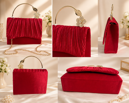 Elegant Pleated Satin Clutch Bag with Crystal Embellishment