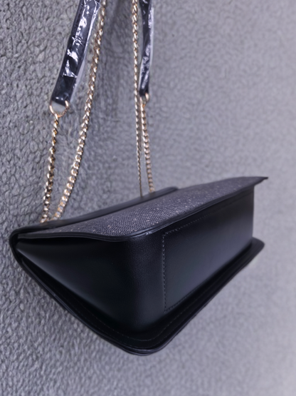 Elegant Black Structured Chain Sling Bag for Women – Dual Texture with Gold Turn Lock