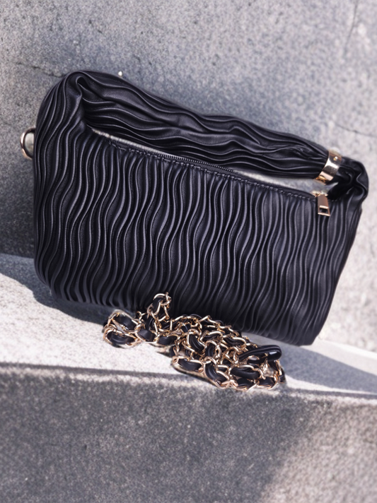 Black Wavy Textured Shoulder Bag for Women – Elegant Handheld & Chain Sling Bag