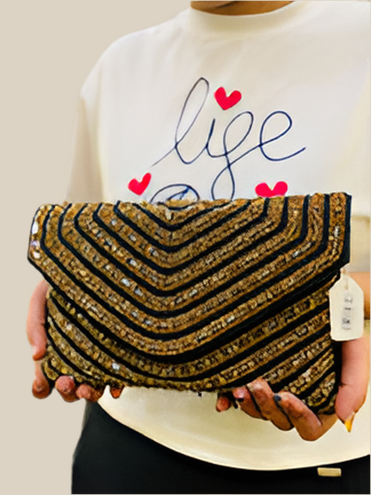 Party wear full stone embroidery golden with black clutch