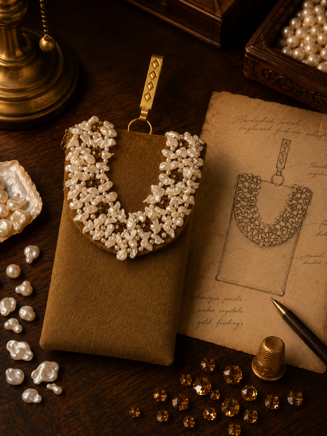 Luxury Baroque Pearl Velvet Mobile Clutch with Golden Wristlet