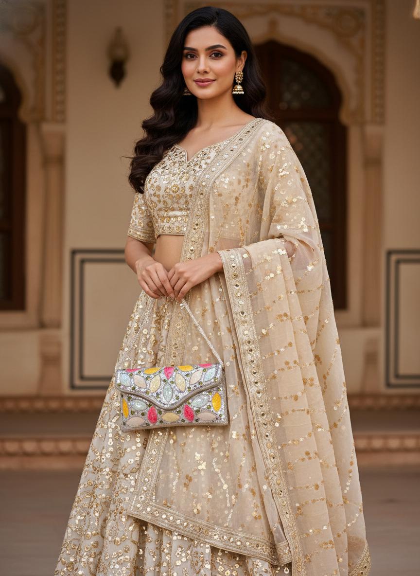 Party wear Multi coloured leaves designed stone embroidered clutch