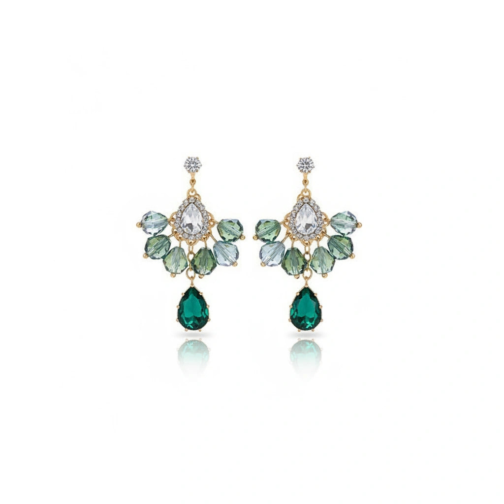 Dazzling Emerald Green Crystal Cluster Drop Earrings | Gold-Tone Statement Gemstone Dangles | Formal Cocktail Jewelry
