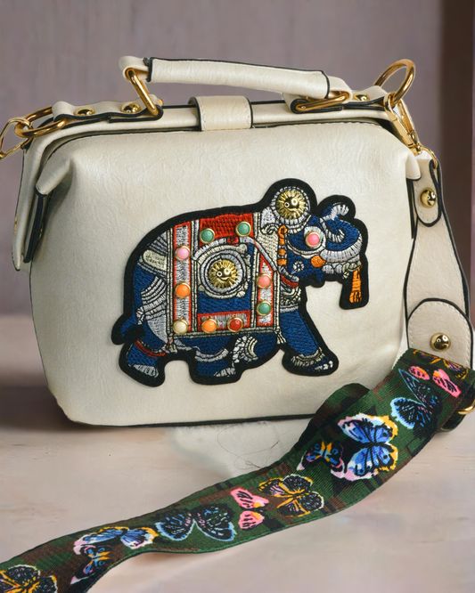 Elephant embroidery work white with black border handbag