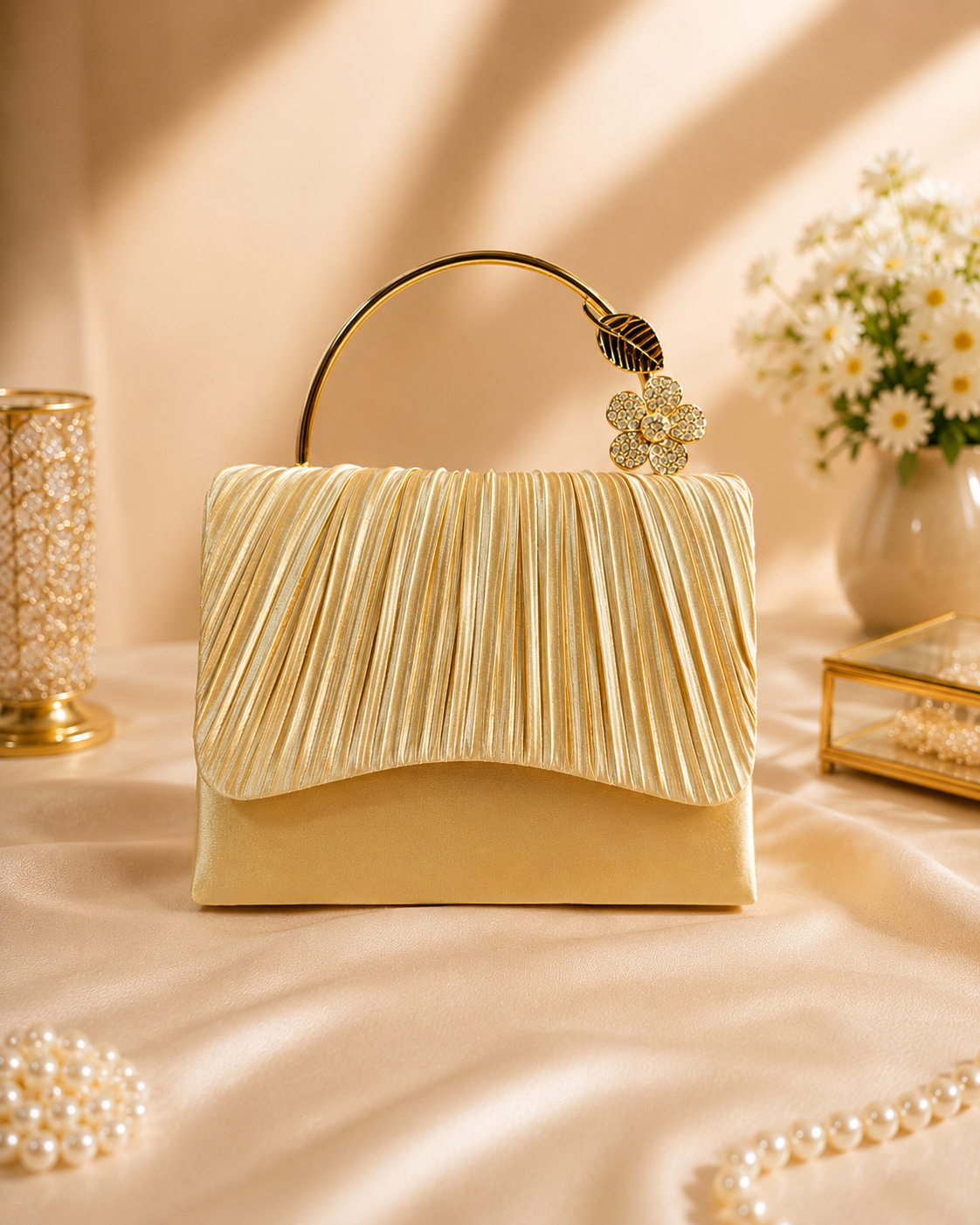 Elegant Pleated Satin Clutch Bag with Crystal Embellishment