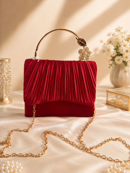 Elegant Pleated Satin Clutch Bag with Crystal Embellishment