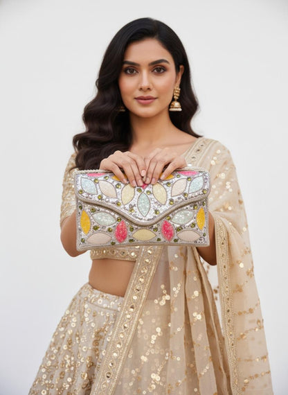 Party wear Multi coloured leaves designed stone embroidered clutch